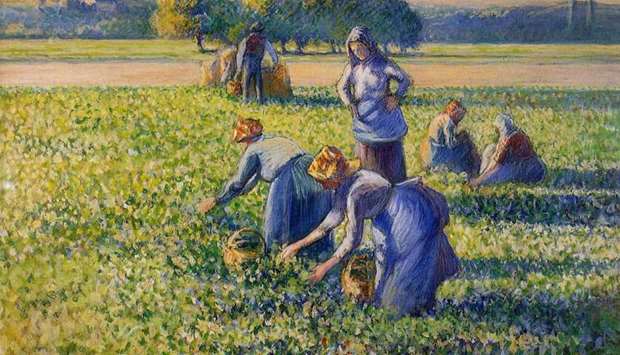 Painting of women picking peas by Impressionist master Camille Pissarro