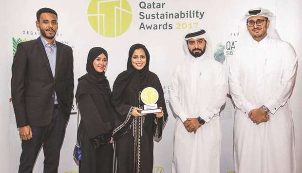 Bedaya Centre general manager Reem al-Suwaidi and other dignitaries during the Qatar Sustainability Awards held recently in Doha.