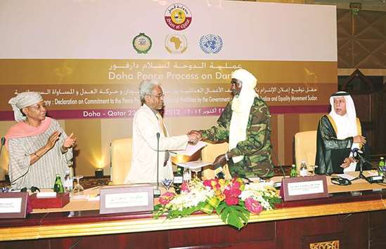 File picture of HE the Deputy Prime Minister Ahmed bin Abdullah bin Zaid al-Mahmoud presiding over the signing of the Darfur peace agreement in Doha. Qatar has played a key role in achieving peace in the Darfur region of Sudan.