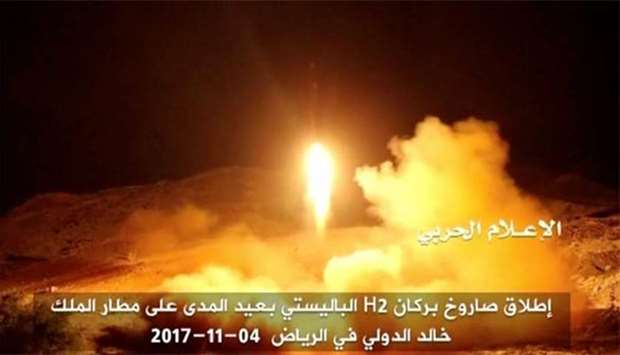 A still image taken from a video distributed by Yemen's pro-Houthi Al Masirah television station shows what it says was the launch by Houthi forces of a ballistic missile aimed at Riyadh's King Khaled Airport on Saturday.
