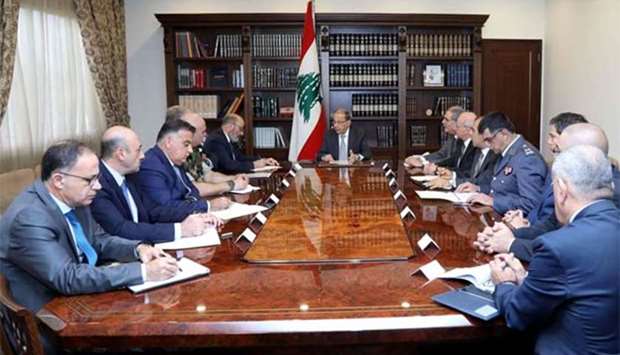 Lebanese President Michel Aoun attending a meeting with security chiefs at the presidential palace of Baabda, east of Beirut, on Monday.