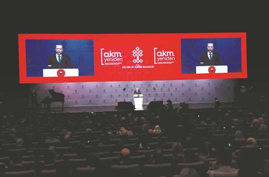 Erdogan makes a speech during the launch of the project to build an opera house at the site of the former Ataturk Cultural Centre.