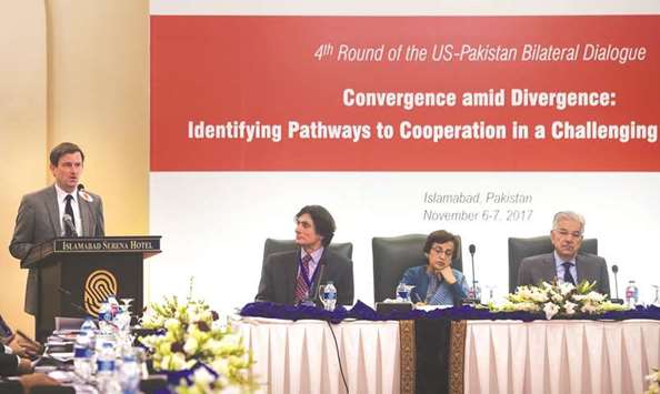 US ambassador to Pakistan David Hale (left) speaks as Pakistani Foreign Minister Khawaja Mohamed Asif (right) listens during the 4th Round of the US-Pakistan bilateral dialogue in Islamabad yesterday. The event, organised by private think tanks, is aimed at improving US-Pakistan relations, and working towards a resolution to the conflict in neighbouring Afghanistan.