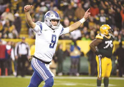 Detroit Lions quarterback Matthew Stafford celebrates after throwing a touchdown pass in the fourth quarter against the Green Bay Packers at Lambeau Field. PICTURE: USA TODAY Sports