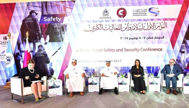 Major General Hazza bin Mubarak Al Hajery and Brigadier Ibraahim al-Mohannadi and others at a discussion on ,Current Security Threat Environment and Implications for Major Events, at the Ist Major Event Safety and Security Conference. PICTURE: Jayaram.