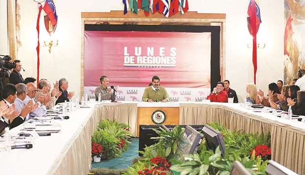 Venezuelau2019s President Nicolas Maduro speaks during a meeting in Caracas.