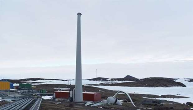 The head of a turbine is lying on the ground at Australia's Mawson Antarctic base.