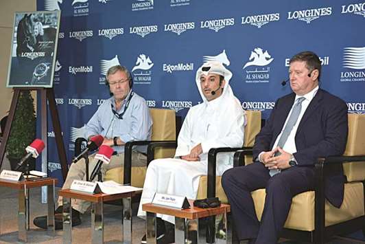 Al Shaqab Event Director Omar al-Mannai (centre), Global Champions Tour President Jan Tops (right) and GCT Sports Director Marco Danese at a press conference yesterday. PICTURE: Lotfi Garsi