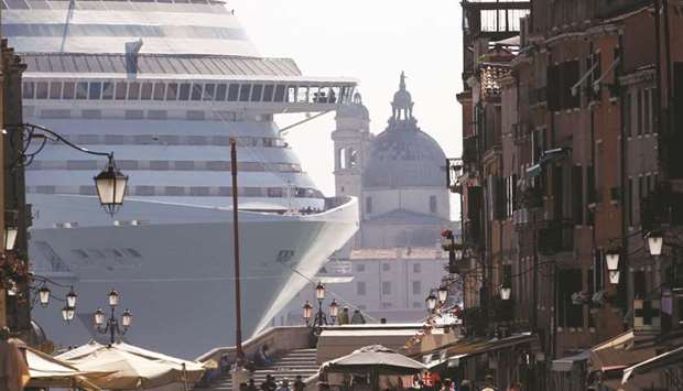 This picture taken on June 16, 2012 shows a cruise ship in the Venice Lagoon.