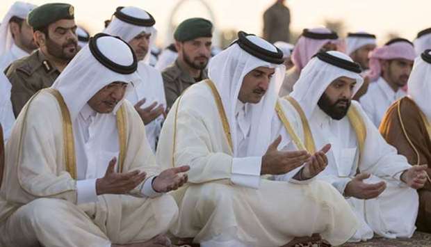His Highness the Emir Sheikh Tamim bin Hamad al-Thani performing the rain prayer at Al-Wajbah prayer ground on Thursday.