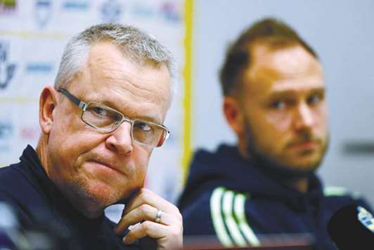 Sweden coach Janne Andersson and Andreas Granqvist during the press conference yesterday. (Reuters)