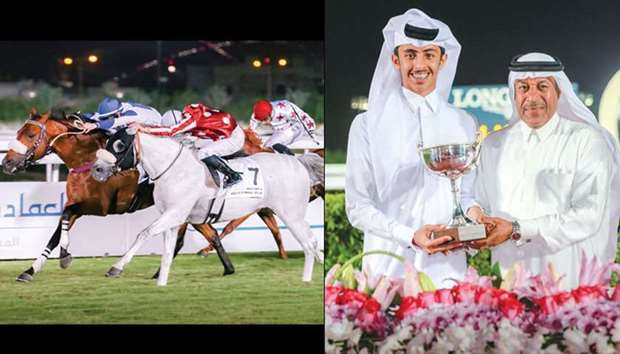 LEFT: Pier Convertino (left) rides Caid de lu2019Ardus to victory in the Umm Qarn Cup ahead of TM Thunder Struck ridden by Jean Baptiste Hamel (centre) at the QREC yesterday. RIGHT: Khalifa bin Sheail al-Kuwari (L) receives the owneru2019s trophy from Rashid Abdullah al-Amri, former champion rider in Qatar, after Caid de lu2019Ardus won the Umm Qarn Cup.