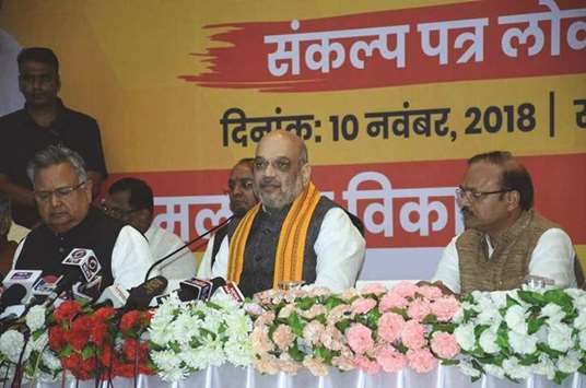 BJP president Amit Shah addresses a press conference after releasing the partyu2019s manifesto for the upcoming Chhattisgarh assembly elections, in Raipur yesterday.