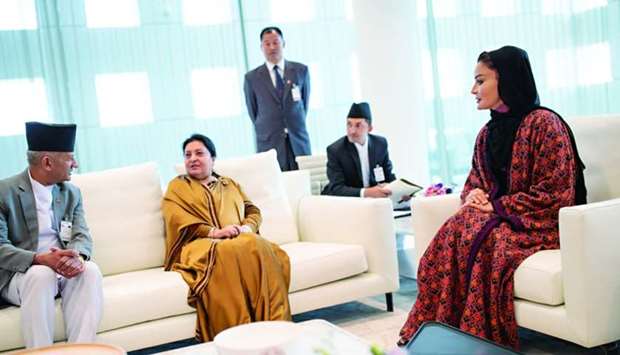 Her Highness Sheikha Moza bint Nasser, Chairperson of Qatar Foundation for Education, Science and Community Development (QF) and Chairperson of Education Above All (EAA), met the President of Nepal Bidya Devi Bhandari Wednesday. During the meeting, they discussed areas of potential collaboration in education and research with Qatar Foundation, and explored ways to increase education access for out-of-school children in Nepal through EAA's projects. HE Sheikha Hind bint Hamad al-Thani, Vice-Chairperson and CEO of Qatar Foundation, attended the meeting. - AR Al-Baker/HHOPL
