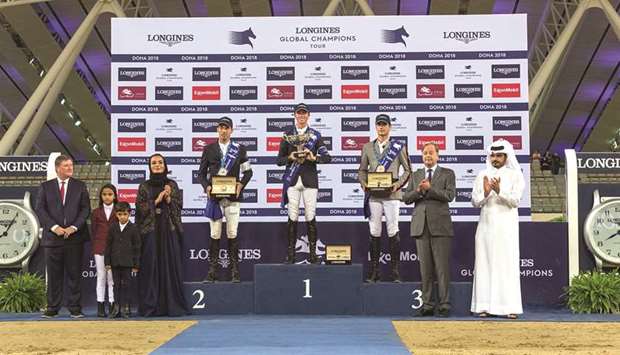 Her Highness Sheikha Moza bint Nasser, Chairperson of Qatar Foundation for Education, Science and Community Development (QF), and HE Sheikh Joaan bin Hamad al-Thani, President of Qatar Olympic Committee, with the winners of the 2018 Longines Global Champions Tour at Al Shaqab in Education City yesterday. Britainu2019s Ben Maher won the Global Champions Tour ahead of Harrie Smolders of the Netherlands and Nicola Philippaerts of Belgium. PICTURE: AR al-Baker/HHOPL