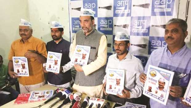 Aam Aadmi Party leaders including Delhi minister Gopal Rai (centre) release the partyu2019s manifesto for Chhattisgarh assembly elections, in Raipur yesterday.