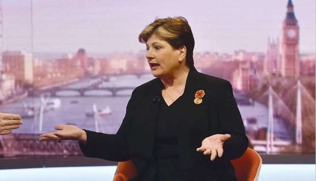 Shadow Secretary of State for Foreign and Commonwealth Affairs Emily Thornberry appears on the BBCu2019s Marr Show, in London yesterday.