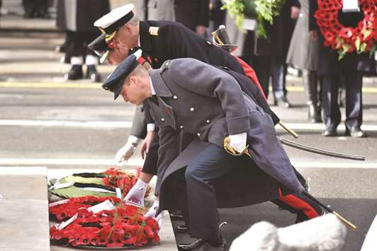 Prince William, Duke of Cambridge, Prince Harry, Duke of Sussex, Prince Andrew, Duke of York and  Prince Edward, Earl of Wessex, lay wreaths at the Cenotaph during the Remembrance Sunday ceremony at the Cenotaph on Whitehall in central London yesterday.