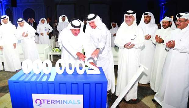 HE Jassim Saif Ahmed al-Sulaiti, along with other officials, joins the celebrations of QTerminals in achieving major milestone. PHOTO: Jayan Orma