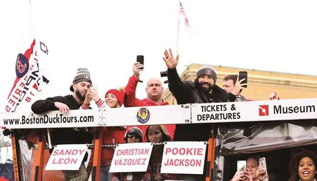 Boston Red Sox catchers Sandy Leon, Christian Vazquez and Blake Swihart during the victory parade to celebrate the Boston Red Sox World Series victory at Fenway Park. PICTURE: USA TODAY Sports