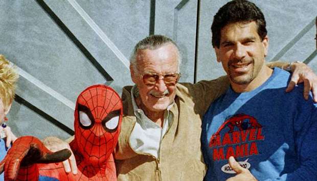 Marvel Comic Books founder Stan Lee poses with one of his characters u2018Spider-Manu2019 and actor Lou Ferrigno, who portrayed The Incredible Hulk on television, during the grand opening of the Marvel Mania restaurant at Universal CityWalk in Los Angeles on February 18, 2018.