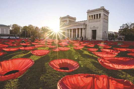The poppy installation can be seen at Koenigsplatz in Munich as Europe prepares to mark the centenary of the ending of World War I.