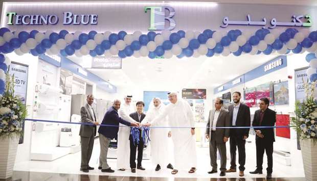 The new showroom of Techno Blue being opened at Tawar Mall by Sheikh Nasser bin Hamad al-Thani, Ashraf Abu Issa, Nabil Abu Issa, R Srinivasan and Andrew Shin. PICTURE: Jayan Orma