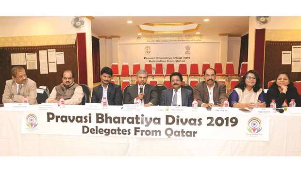 Indian ambassador P Kumaran addressing the gathering of community members at the ICC yesterday. ICC president Milan Arun, Indian Business Promotion Council chairman K M Varghese, Indian Community Benevolent Forum president Davis Edkalathur and senior community member Hassan Chougale are also seen, among others. PICTURE: Shaji Kayamkulam