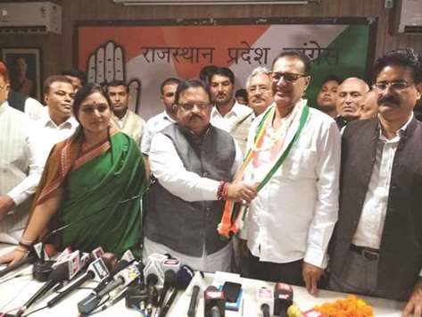 Rajasthan legislator Habibur Rehman joins the Congress in the presence of Ajmer MP Raghu Sharma after quitting from the BJP in Jaipur yesterday.