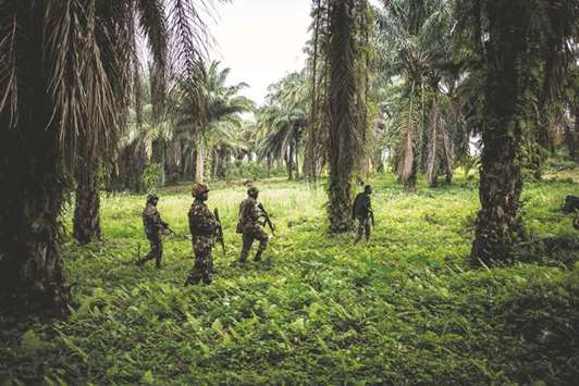 Tanzanian soldiers from the UN stabilisation mission to the Democratic Republic of Congo (MONUSCO) patrol against Ugandan Allied Democratic Force (ADF) rebels in Beni. The Beni area has for the last four years been under siege from the ADF, an armed group that has killed hundreds of people since 2014.