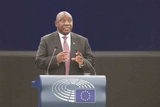 South Africau2019s President Cyril Ramaphosa delivers a speech during a plenary session at the European Parliament in Strasbourg yesterday.