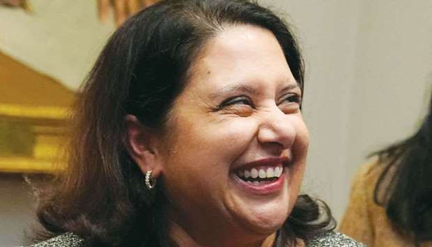 Neomi Rao reacts after US President Donald Trump announced that he is nominating her to replace Supreme Court Justice Brett Kavanaugh on the DC Circuit Court of Appeals at the White House on Tuesday.