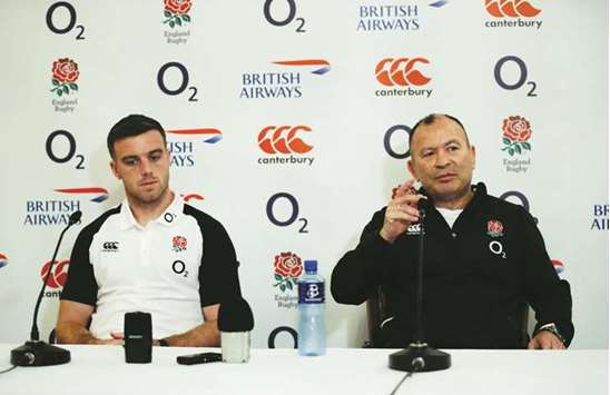 England head coach Eddie Jones (R) and captain George Ford during a team press conference yesterday ahead of tomorrowu2019s match against Japan.