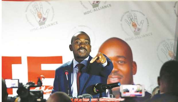 Zimbabweu2019s main opposition Movement For Democratic Change leader Nelson Chamisa addresses a media briefing in Harare yesterday.