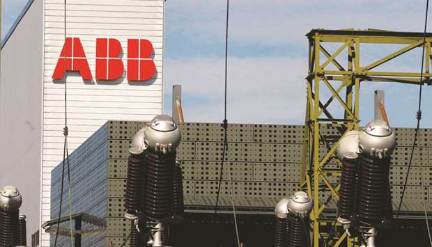 The logo of Swiss engineering group ABB is seen at a plant in Zurich. The Swiss engineering group is in talks with Hitachi and Mitsubishi Electric to sell all or part of the groupu2019s embattled power grids business, sources said.