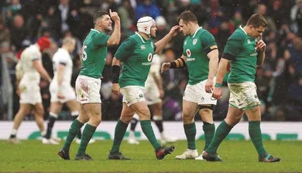 In March 17, 2018, picture, Irelandu2019s Rob Kearney, Rory Best and teammates celebrate their third try during the Six Nations Championship match against England at Twickenham Stadium in London, Britain. (Reuters)