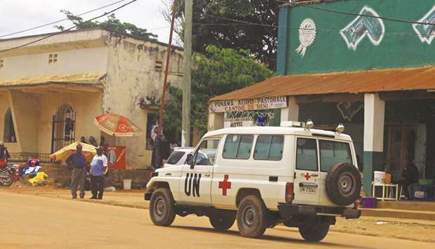 A United Nations ambulance drives along a street in Beni in North Kivu province of the Democratic Republic of Congo, yesterday.