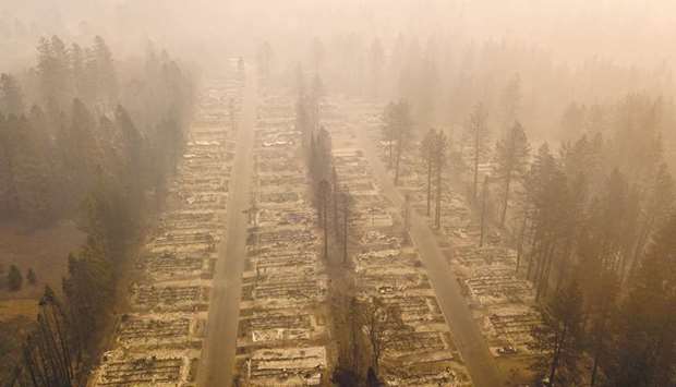 This aerial photo shows a neighbourhood in Paradise razed by fire.