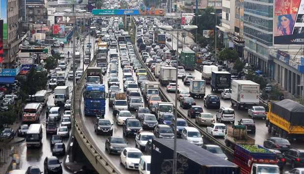 Traffic fills a highway in Beirut, Lebanon, yesterday.
