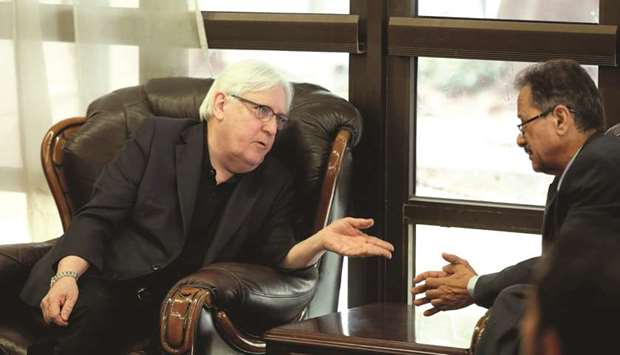 File photo dated June 16, 2018 shows UN envoy to Yemen Martin Griffiths talking to the undersecretary of Houthi-led governmentu2019s foreign ministry, Faisal Amin Abu-Rass upon his arrival at Sanaa airport in Yemen.
