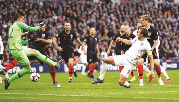 Englandu2019s Harry Kane scores against Croatia in the UEFA Nations League group match at Wembley Stadium in London. (Reuters)