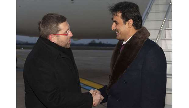 His Highness the Amir Sheikh Tamim bin Hamad al-Thani arrived in Zagreb on Sunday evening for a two-day state visit to Croatia. The Amir and his accompanying delegation were welcomed upon arrival at the International Zagreb Airport Franjo Tudman among others by Croatian President's Adviser for Foreign Affairs Dario Mihelin.