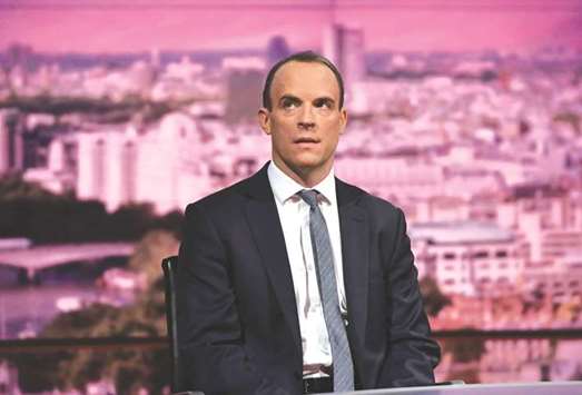 Britainu2019s ex-Secretary of State for Exiting the European Union Dominic Raab appears on the BBCu2019s Marr Show, in London yesterday.
