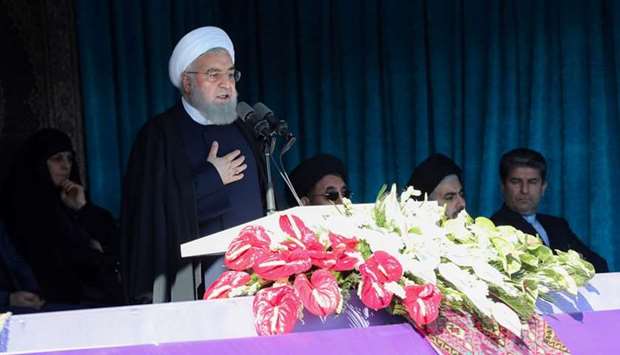 Iranian President Hassan Rouhani gives a public speech in the city of Khoy, West Azerbaijan province, Iran