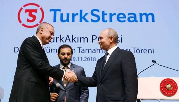 Russian President Putin and his Turkish counterpart Erdogan attend a ceremony to mark the completion of the sea part of the TurkStream gas pipeline in Istanbul