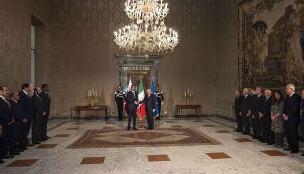 His Highness the Amir Sheikh Tamim bin Hamad al-Thani and Italian President Sergio Mattarella at the presidential palace (The Quirinale) in Rome