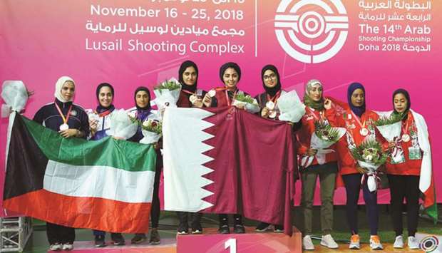 Qataru2019s womenu2019s pose with their medals after winning the team  skeet titles in the 14th Arab Shooting Championships yesterday.