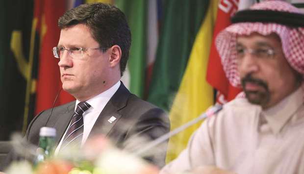 Alexander Novak, Russiau2019s energy minister, left, looks on as Khalid al-Falih, Saudi Arabiau2019s energy and industry minister, speaks during a news conference following an Opec meeting in Vienna, Austria (file). Novaku2019s refusal to join Saudi counterpart in calling for a broad production cut shows their different positions persist just weeks before a key Opec+ summit in Vienna.