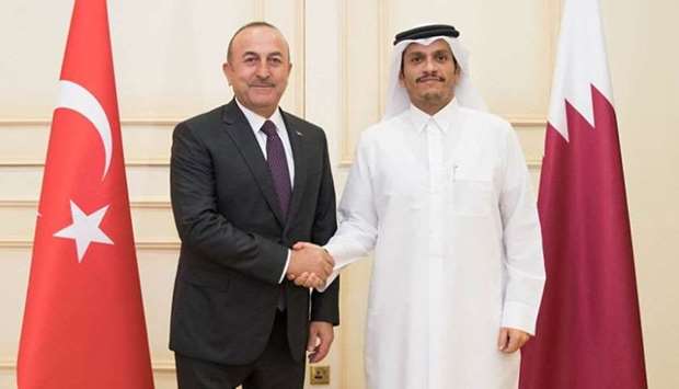 HE the Deputy Prime Minister and Minister of Foreign Affairs Sheikh Mohamed bin Abdulrahman al-Thani meets Turkish Foreign Minister Mevlut Cavusoglu.