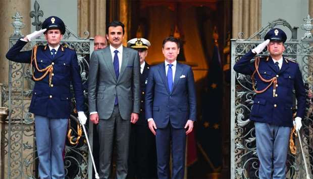 His Highness the Amir Sheikh Tamim bin Hamad al-Thani with Italian Prime Minister Giuseppe Conte during the official reception ceremony accorded to the Amir at Villa Doria Pamphili in Rome
